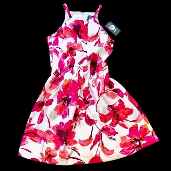 VINCE CAMUTO White Floral Fully Lined Pintuck Dress With Full Skirt Sz 6 - Picture 1 of 12